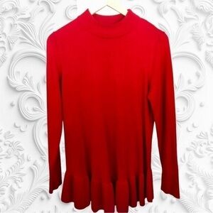 Isaac Mizrahi Mock Neck Long Sleeve Red Peplum Top Size Small